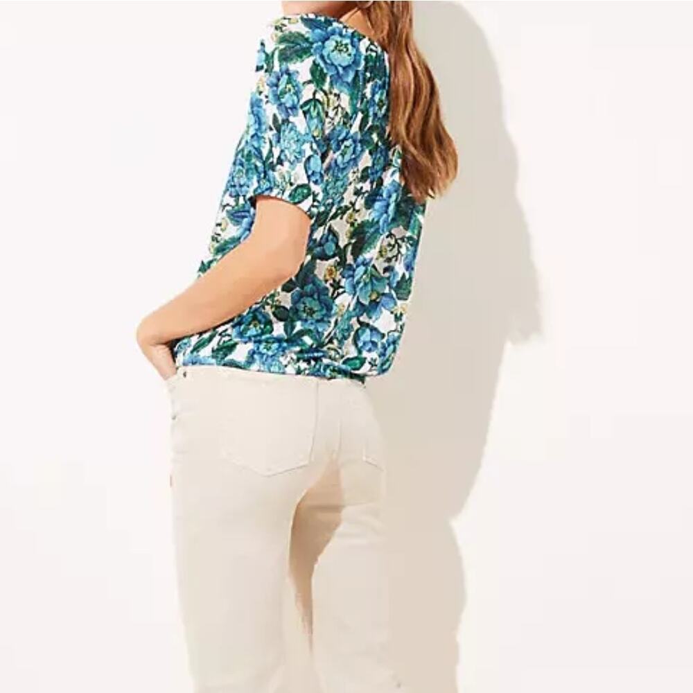 LOFT Floral Shirred Linen Top Womens Large Blue Green Bubble Hem Tee - Picture 4 of 9